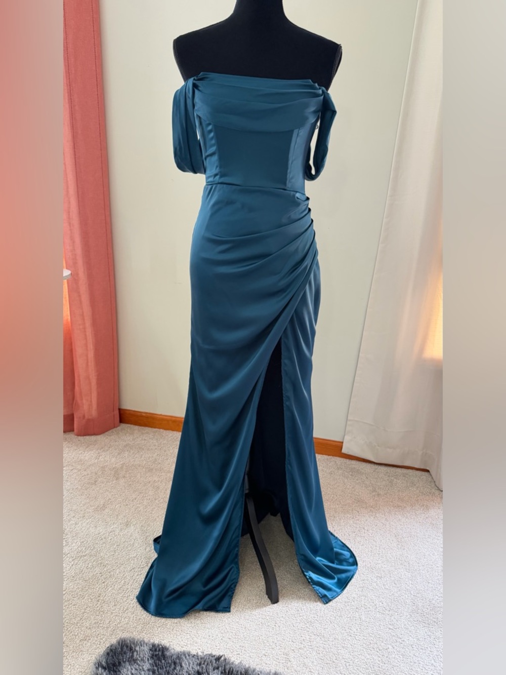 NWT Satin Dark Teal Off-Shoulder Front Leg Slit Formal Prom Dress Small - Picture 5 of 14